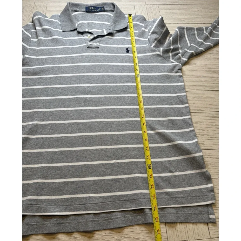 Polo by Ralph Lauren Mens Long Sleeve Gray‎ White Stripe Polo Shirt Navy Logo XL